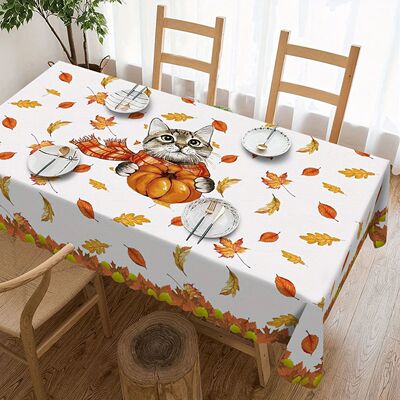 Autumn Pumpkin Maple Leaf Charming Cat Tablecloths Thanksgiv