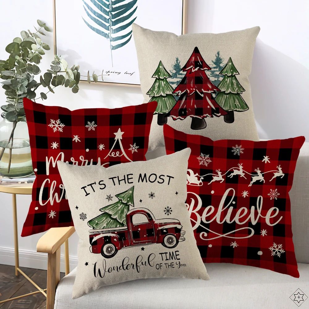 Merry Christmas Cushion Cover, Xmas Tree Cartoon Throw Pillo