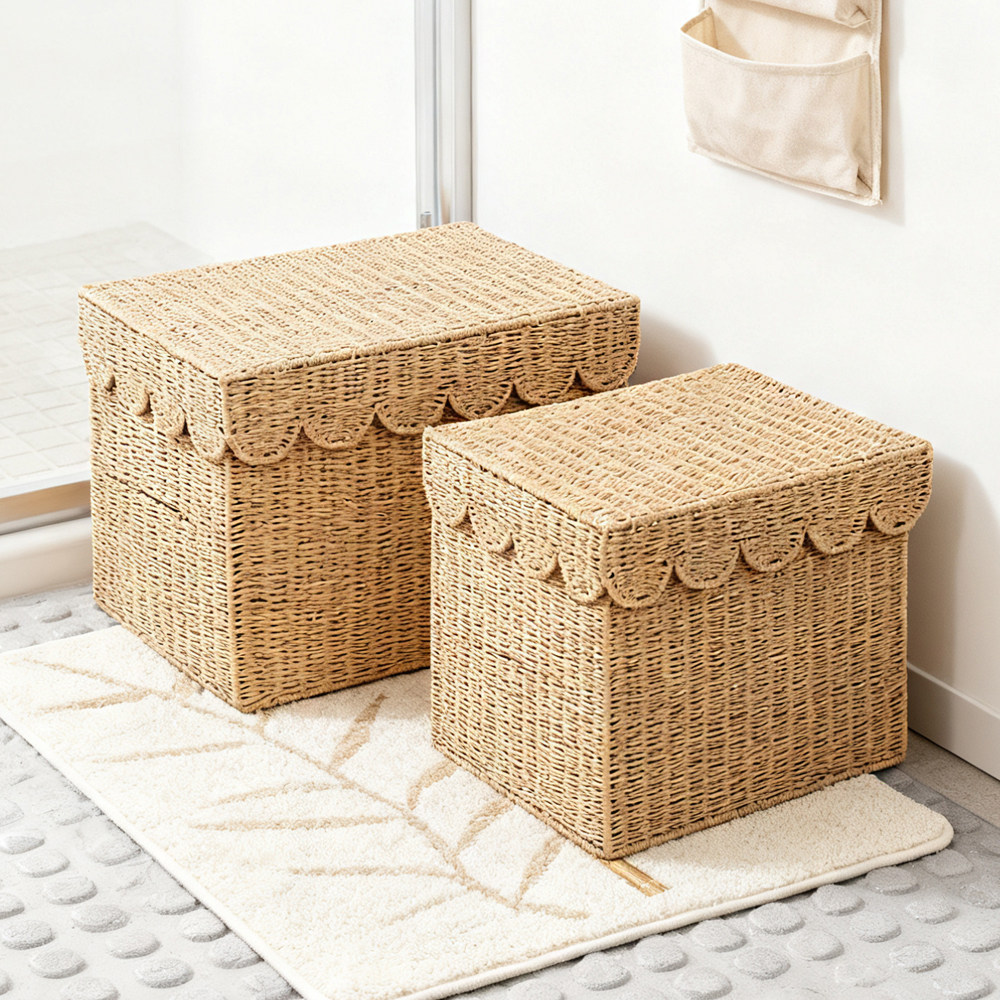 北欧手工编织收纳筐杂物整理筐衣服玩具收纳箱防尘藤编带盖收纳篮,收纳整理,收纳筐,淘宝优惠券,粉丝福利购,淘宝优惠卷