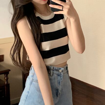 大码撞色条纹针织吊带背心女夏外穿内搭遮副乳无袖打底衫上衣胖mm