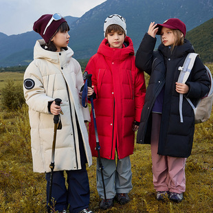 2024冬季新款鸭绒中大童长款过膝羽绒服男童防风女童保暖羽绒服