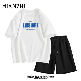 短裤 短袖 运动套装 潮流印花圆领t恤衫 棉致夏季 宽松抽绳五分裤 男装