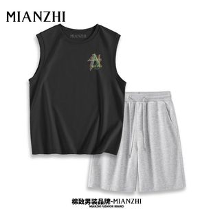 简约背心百搭抽绳短裤 新款 潮港风无袖 上衣五分裤 棉致男士 套装 夏装