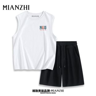夏季 套装 新款 圆领背心运动坎肩透气抽绳五分短裤 无袖 棉致潮牌男装