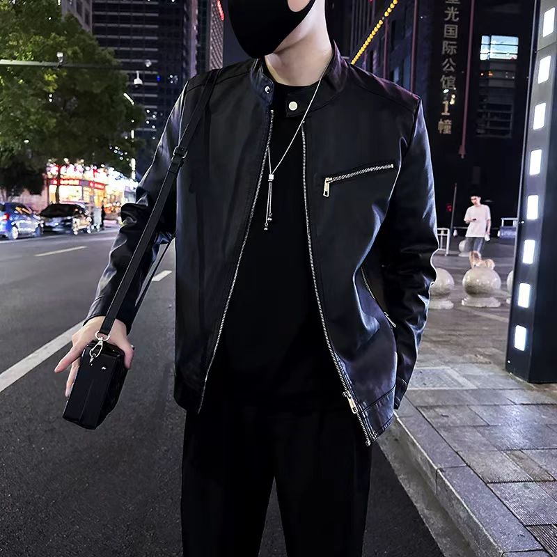 韩版修身立领皮衣外套男潮流百搭机车服休闲痞帅短款春秋皮夹克