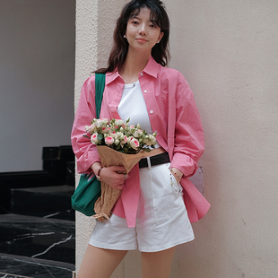 春秋韩系小众设计宽松树莓粉衬衫 衬衣上衣外套女 休闲叠穿纯棉长袖