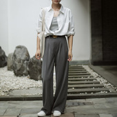 通勤宽松高腰直筒阔腿裤 大牌休闲百搭超长裤 垂坠拖地博主西装 裤