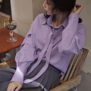 女 法式 附领带 不易皱衬衫 尖领长袖 浪漫设计感小众飘带衬衣 叠褶袖