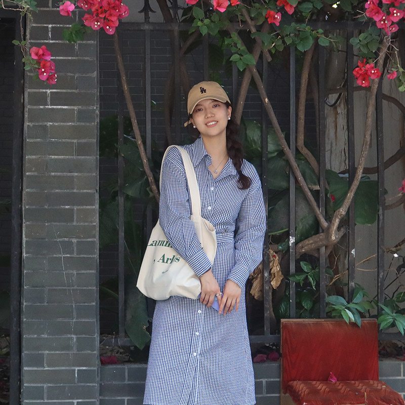 小众设计衬衫裙棉质格子腰带
