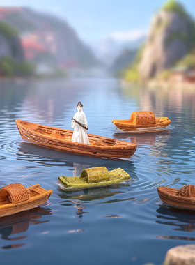 微景观简约中式江南乌篷小船水族鱼缸造景 DIY装饰品迷你桌面摆件