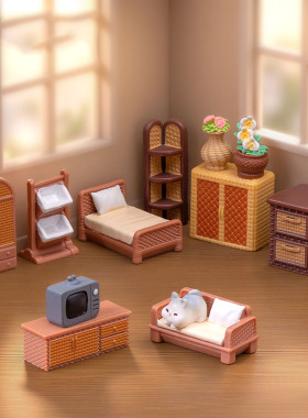 微景观创意藤编家具电视柜沙发娃娃屋 DIY装饰品迷你树脂小摆件