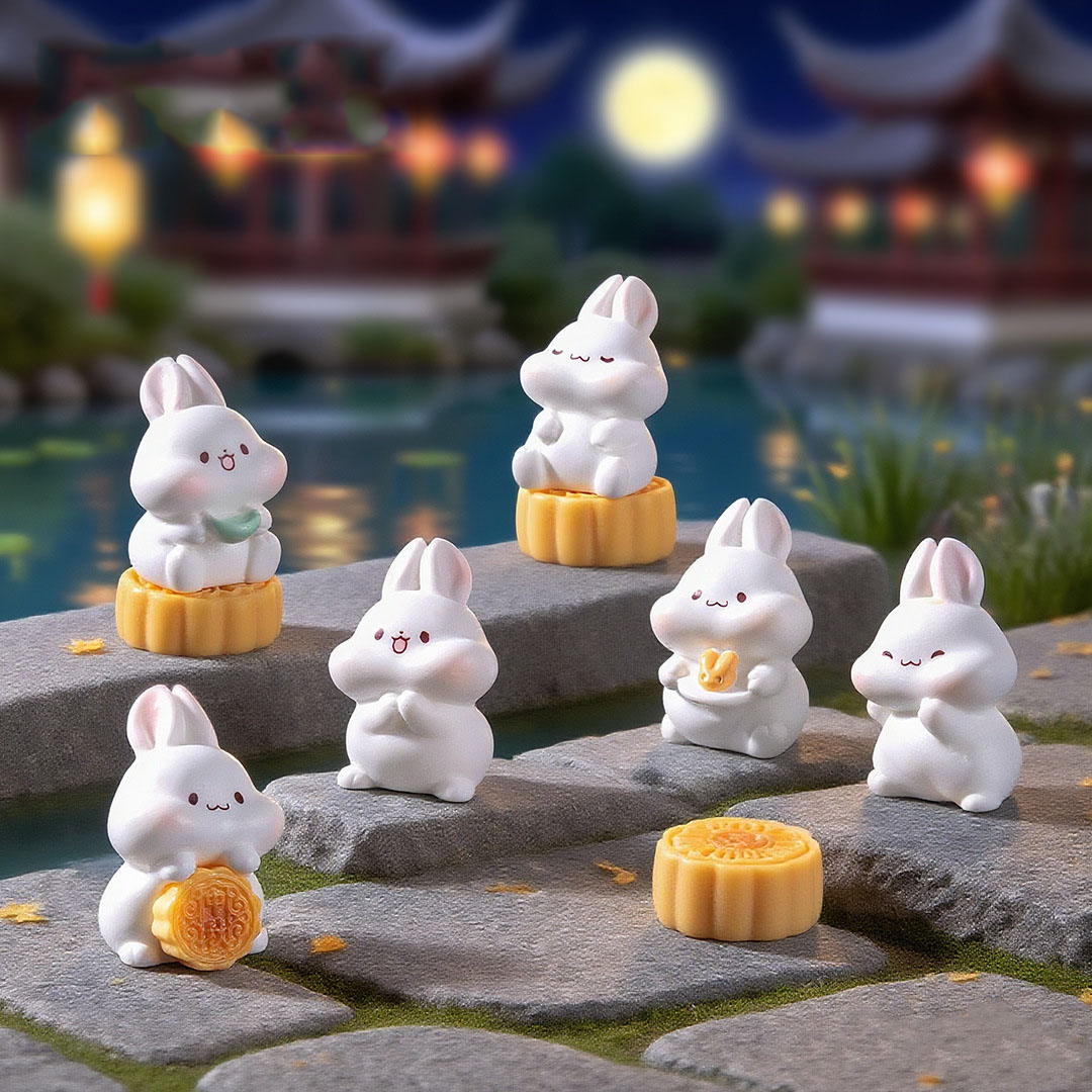 微景观树脂工艺品创意中秋月饼兔子公仔 DIY装饰品迷你桌面小摆件
