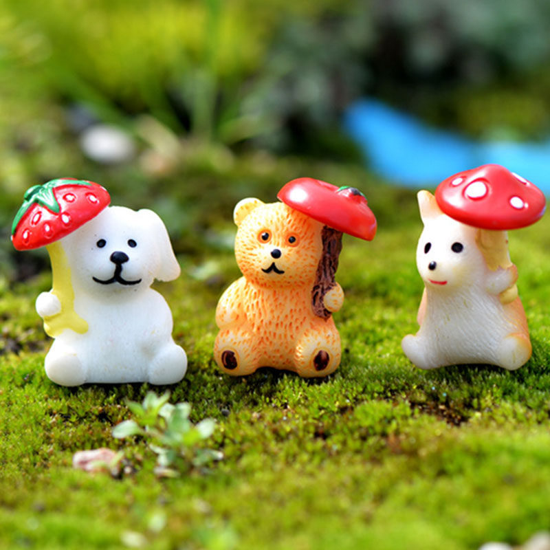 微景观卡通公仔小摆件可爱树脂三款打伞动物装饰多肉盆栽摄影玩具