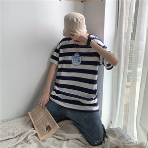 714-1-T093男女短袖情侣装新款港风夏季条纹印花T恤港港潮