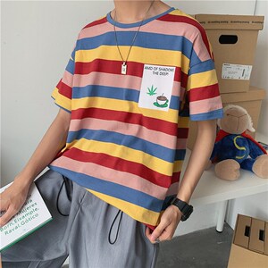 1404-1-T095-p男装新款女港风短袖棉麻夏季t恤条纹C图片