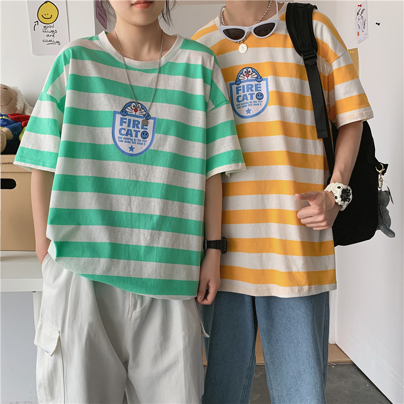 714-1-T093新款男女情侣装港风短袖夏季条纹印花体恤潮h图片