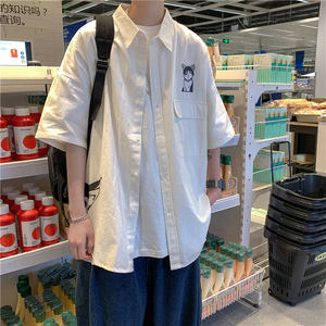 714-1-C16 新款港风中性风棉短袖 男女衬衫休闲宽松衬衣图片