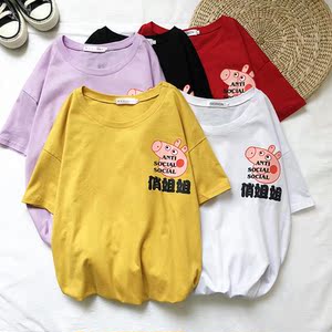 714-3-T085男女生平铺新款小猪图案日系男情侣体恤潮图片