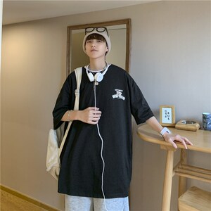 714-2-t072男女款新织带港风印花日系短袖纯棉夏季体恤情侣1,男孩子要怎么穿搭图片