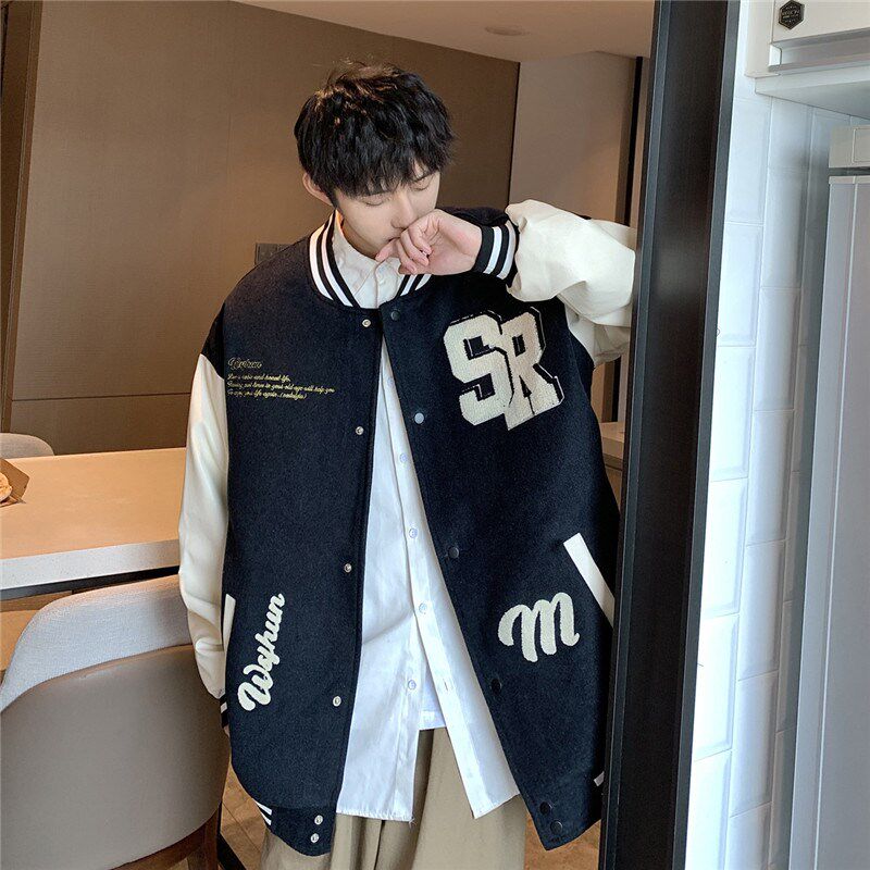1404-2-jk01-p95-男女毛呢撞皮青少年毛巾绣夹克图片