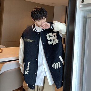 1404-2-jk01-p95-男女毛呢撞皮青少年毛巾绣夹克图片