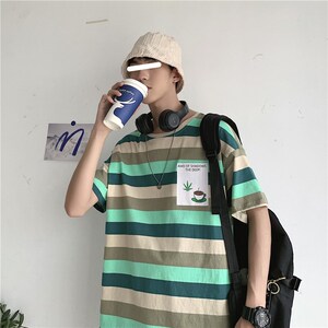 1404-1-T095-p男装新款女港风短袖t恤夏季条纹体恤C图片