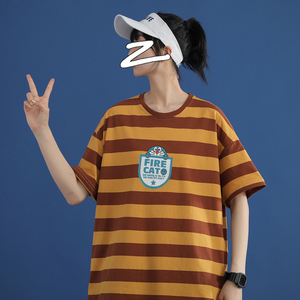 714-1-T093新款男女情侣港风短袖夏季条纹印花体恤是
