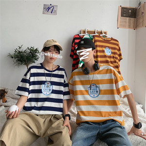 714-1-T093男女情侣新款港风短袖夏季条纹印花t恤潮h图片