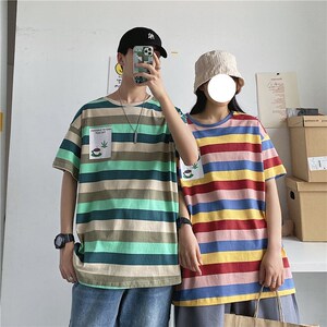 1404-3-T095-p35男装新款女港风短袖情侣t恤夏季条纹体恤K图片