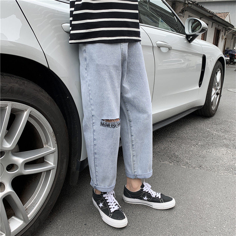 男刺绣新款港风精品牛仔裤破洞休闲女裤子714-2的图片