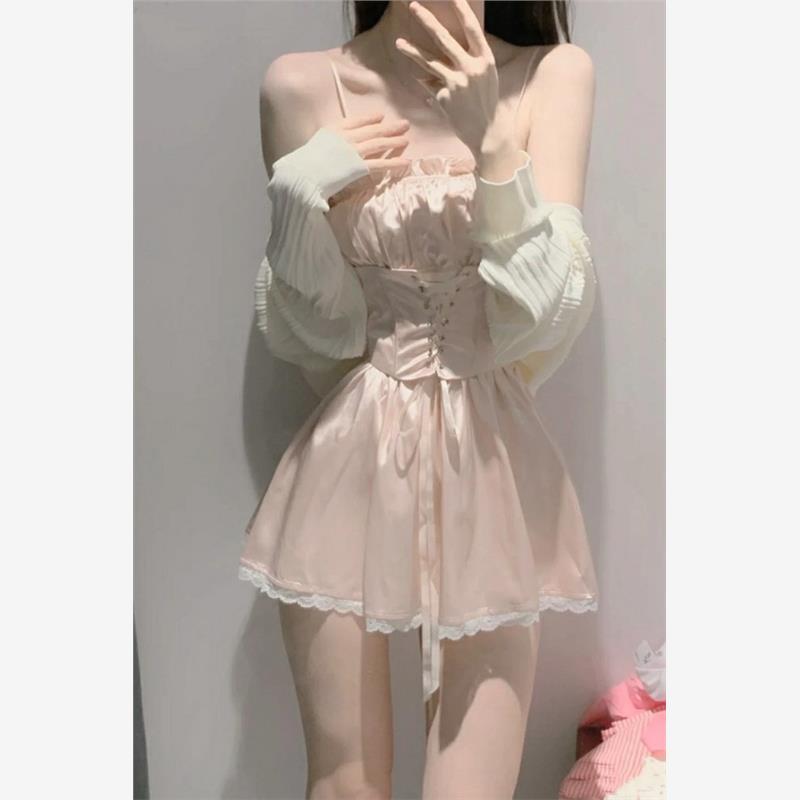 粉色吊带裙欲纯风性感辣