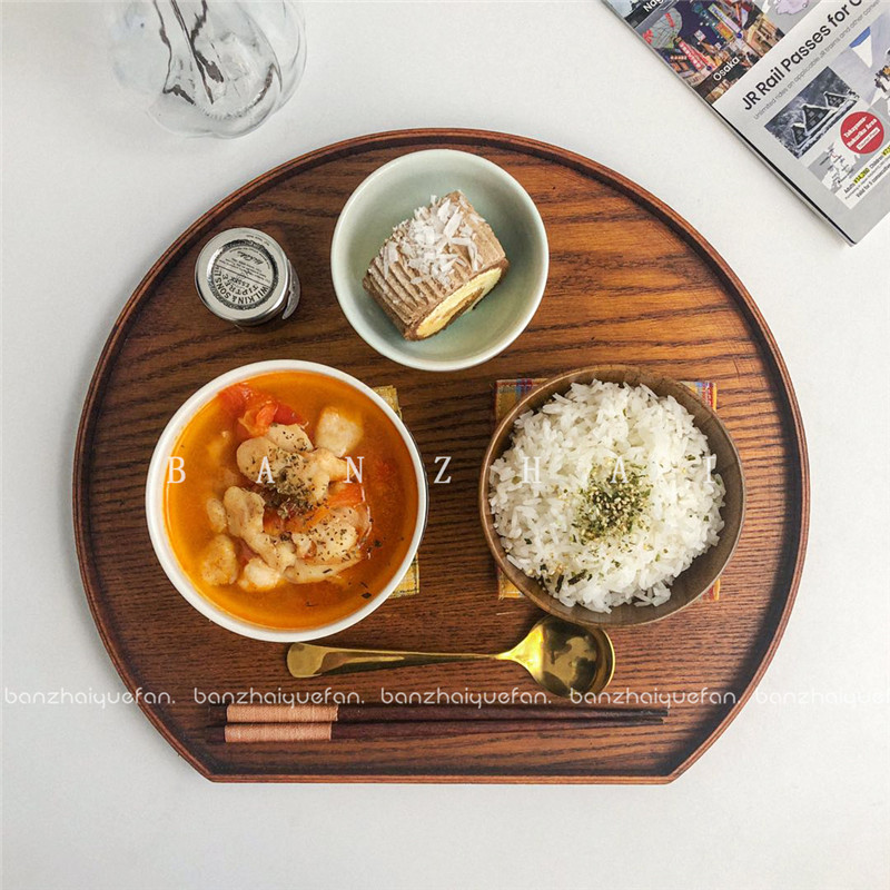 日式风餐具一人食半圆形木质托盘