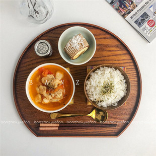 餐具一人食高颜值半圆家用创意茶杯托盘 韩国ins博主木质托盘日式