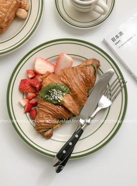 半宅约饭 复古绿线牛排西餐平盘甜品蛋糕陶瓷圆盘ins同款沙拉碗