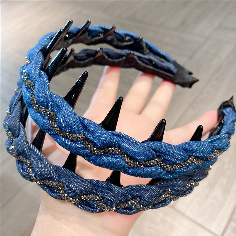 超仙甜美气质布艺牛仔水钻发箍麻花辫子防滑带齿洗脸气质发卡头饰