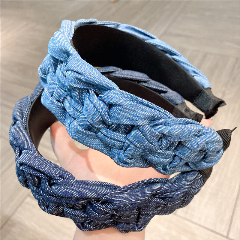 超仙甜美蓝色布艺牛仔麻花辫子宽边发箍女复古高颅顶压发卡头饰品