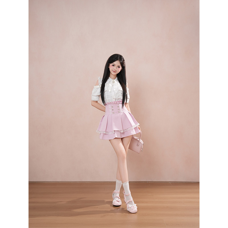 【甜桃序章】清楚系甜美清新小个子衬衫+百搭短裙两件套装夏季女