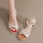 珍珠粗跟凉鞋 百搭精致一字带外穿仙女风配裙子 女2025今年夏天新款