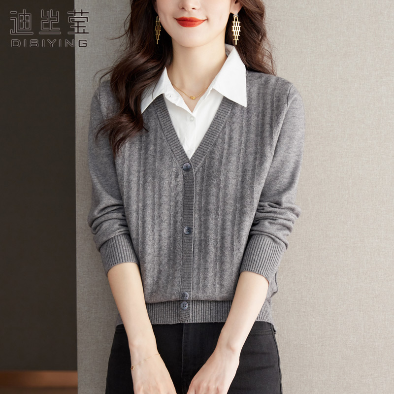 假两件毛衣女衬衫领2025年春秋新款针织拼接衬衣领长袖打底衫上衣