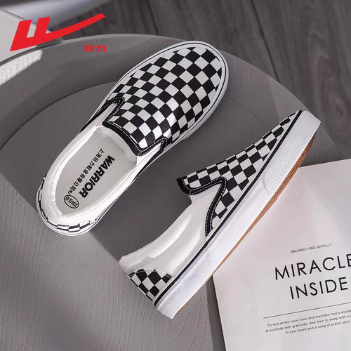 回力棋盘格透气一脚蹬休闲帆布鞋