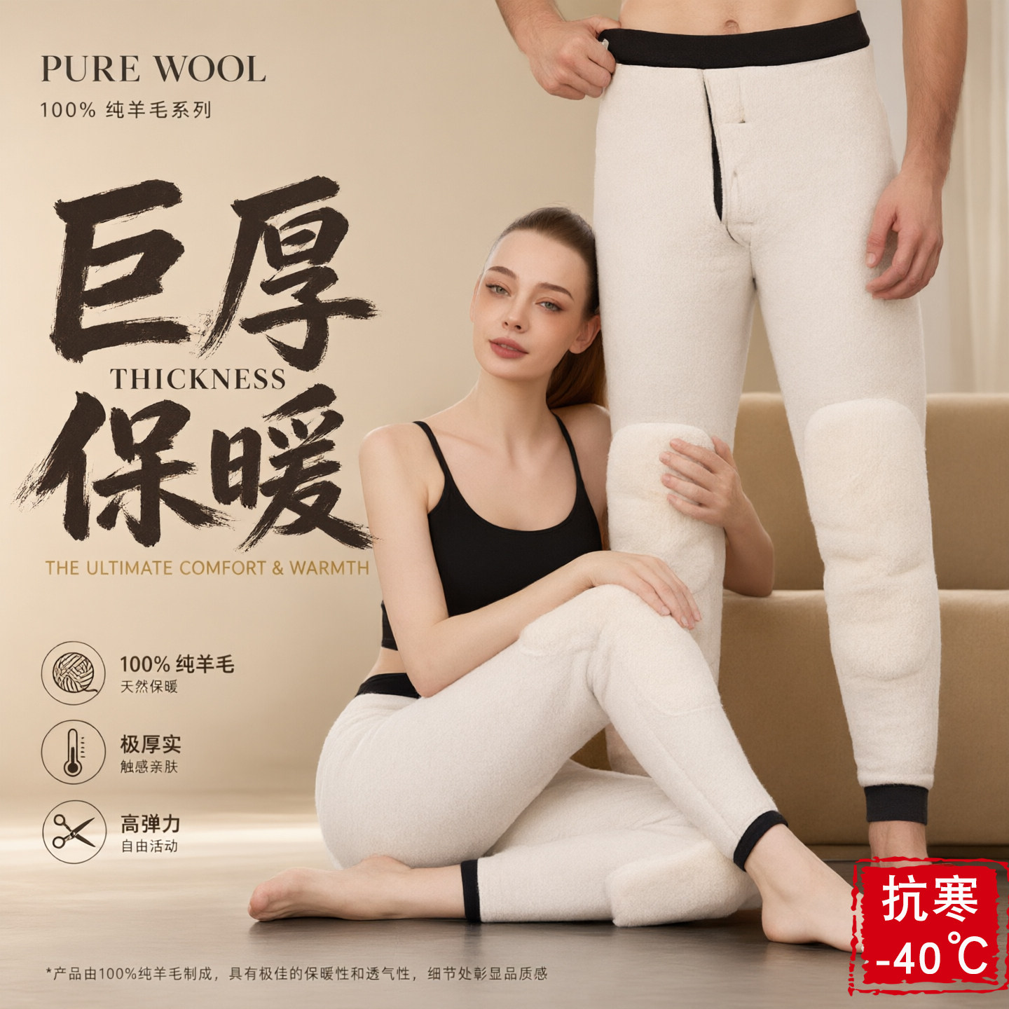 100%羊毛保暖裤护腰护膝棉裤加厚