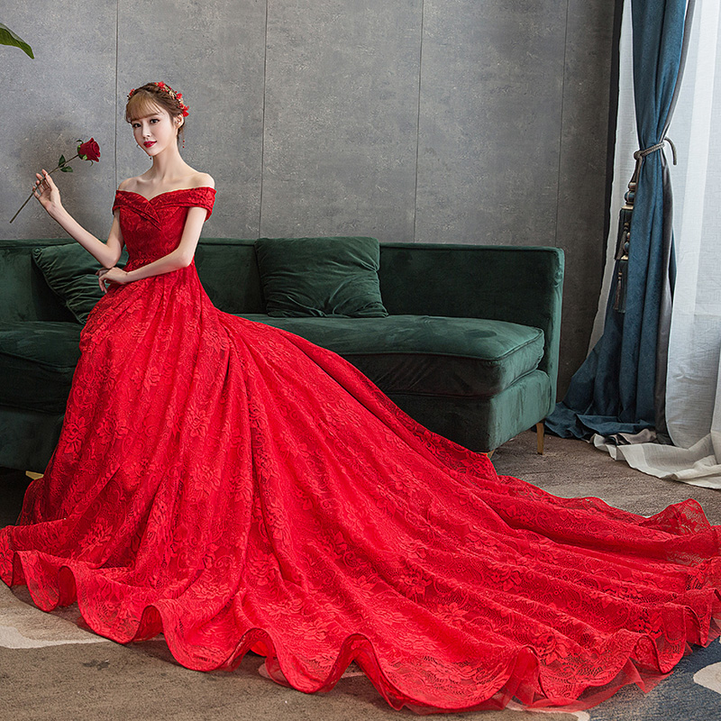 轻主婚纱礼服裙新款红色遮孕肚孕妇大码一字肩新娘拖尾敬酒服