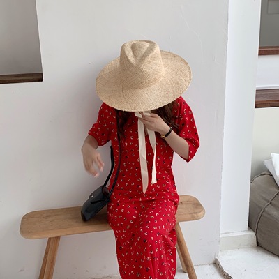 遮阳帽编织宽檐度假法式夏绑带帽