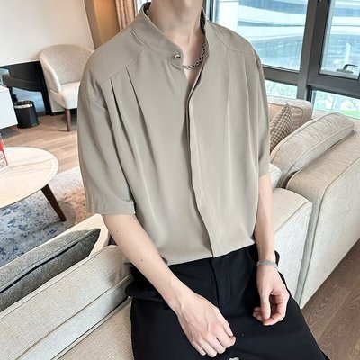 夏季美式复古暗纹大码翻领短袖衬衫男生休闲潮牌痞帅上衣半袖2024