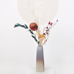 干花小花束带陶瓷花瓶芦苇摆件真花永生花松塔果天然风干家居装饰