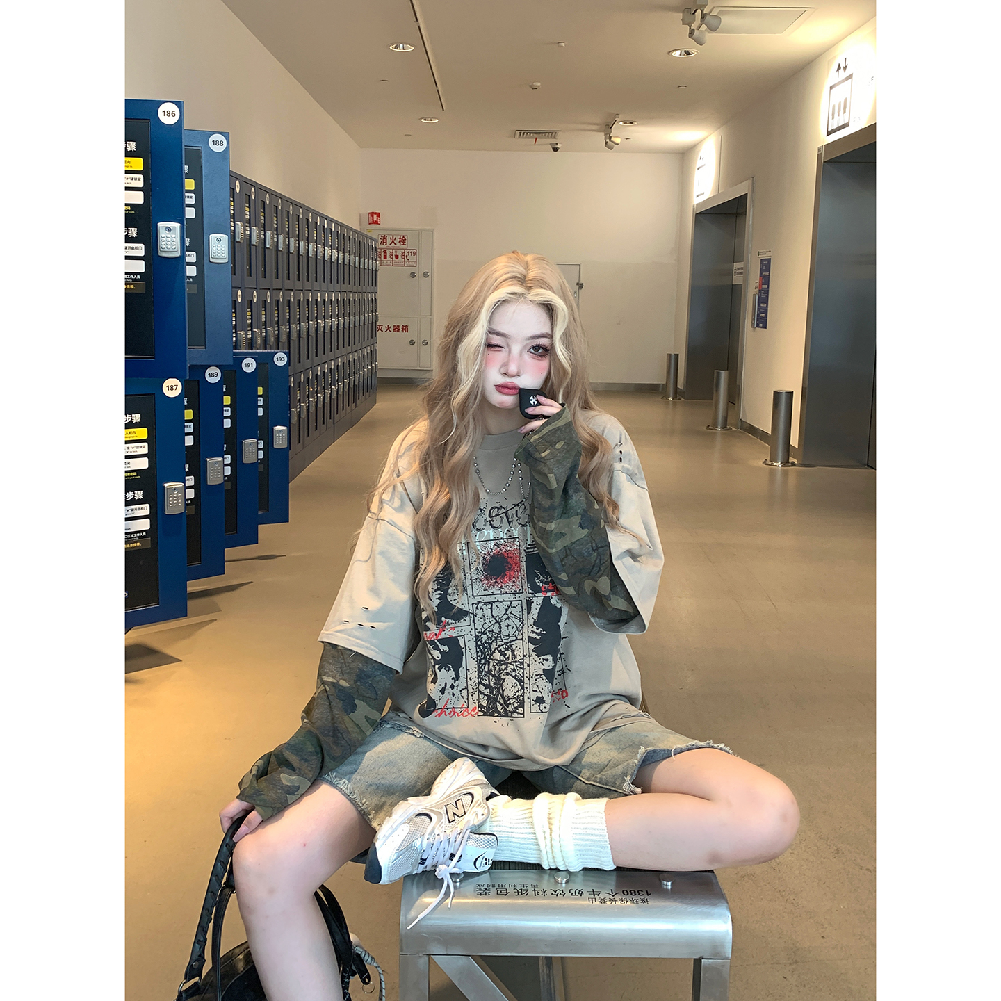 迷彩假两件T恤做旧情侣百搭上衣t