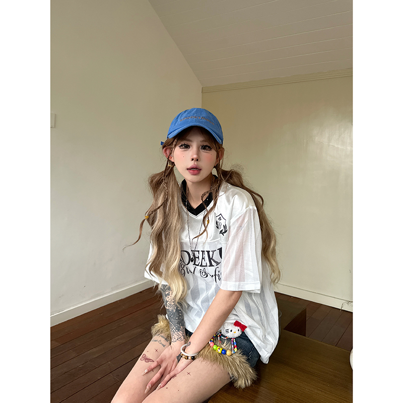 短袖球衣女t恤宽松运动V领上衣