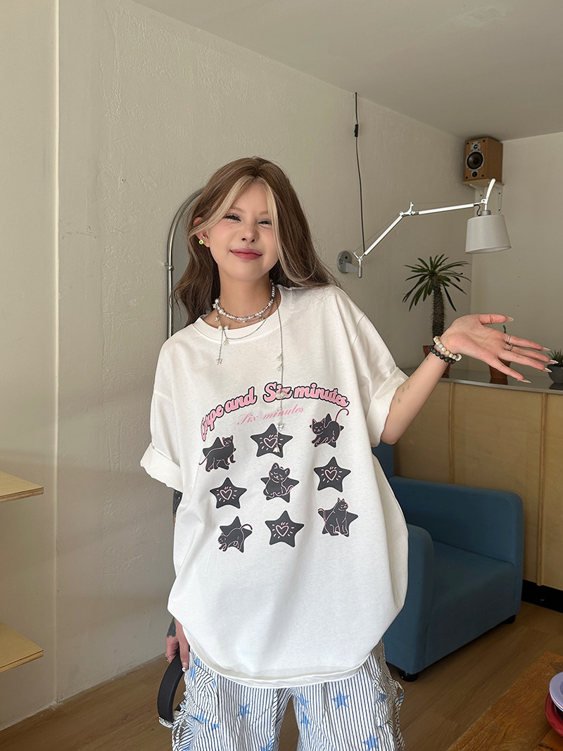 Sixminu 夏季可爱休闲卡通T恤女宽松oversize圆领纯棉印花短袖女