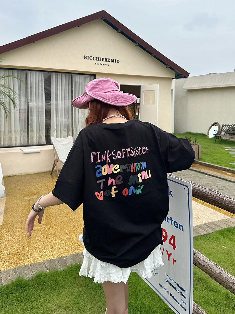 Sixminu 蚊子美式复古宽松卡通T恤女纯棉印花圆领短袖女夏季tee潮