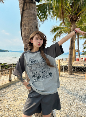 SIXMINU 复古趣味涂鸦插肩袖T恤女夏ins显白撞色短袖t恤女上衣潮t